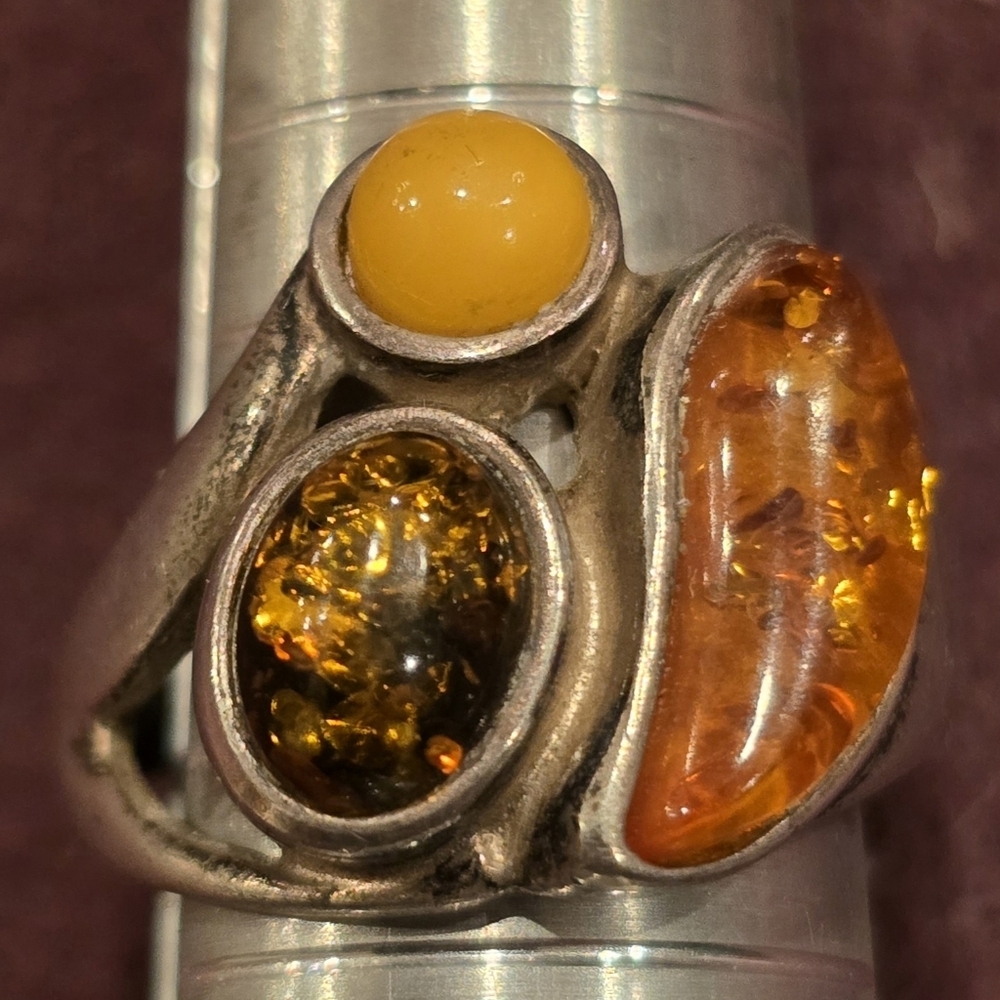 Vtg Valerio Poland Sterling Silver GREEN, BUTTER & COGNAC AMBER RING - Size 6.75
